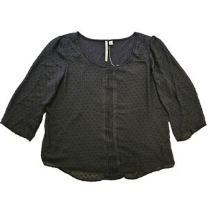LC Lauren Conrad Black Clip Dot Lace Pintuck Blouse Womens XL 3/4 Sleeve Top